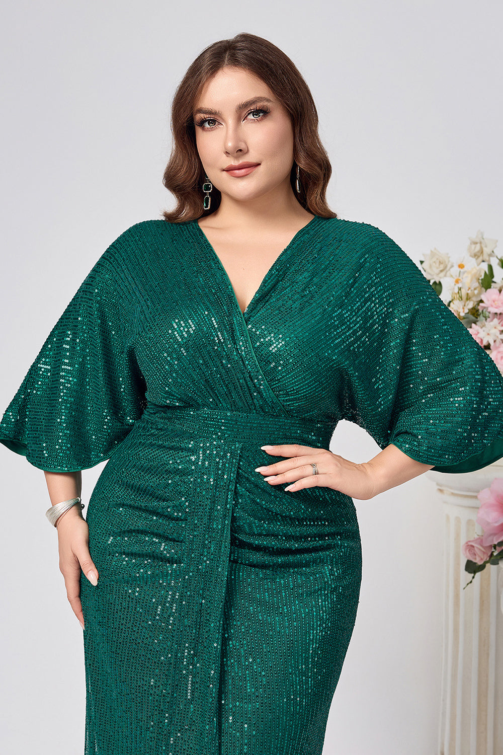 Sparkly Dark Green Sheath Ruched Long Choir Dress with Sequins