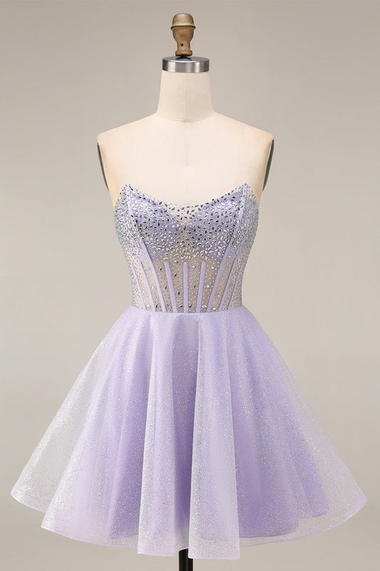 Strapless A-Line Lilac Sequin Corset Short Cocktail Dress with Beading