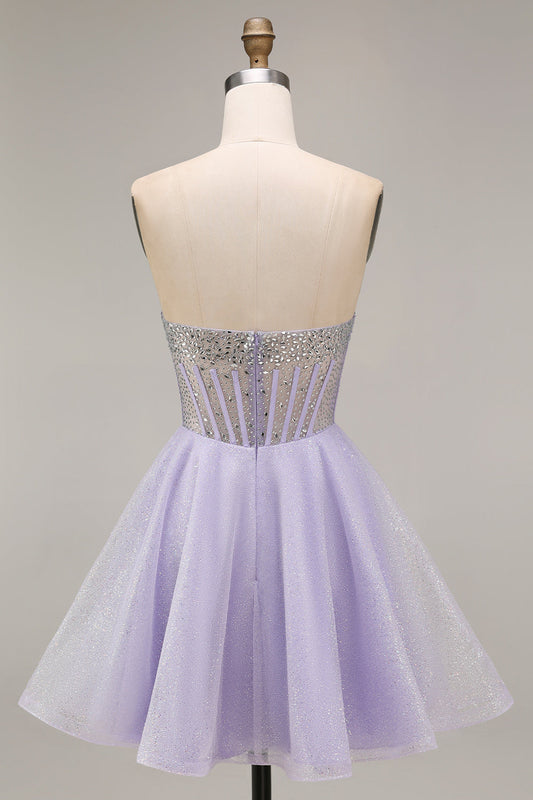 Strapless A-Line Lilac Sequin Corset Short Cocktail Dress with Beading