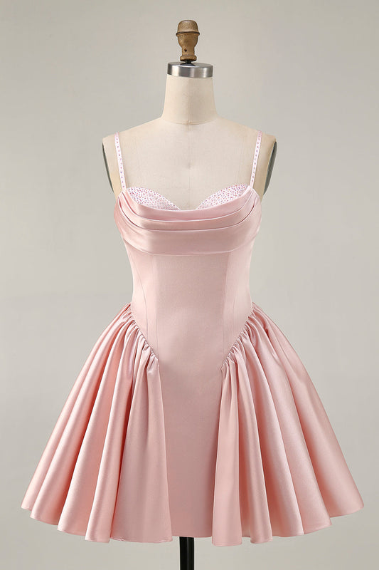 Blush Cowl Neck A-Line Spaghetti Straps Beaded Satin Cocktail Dress