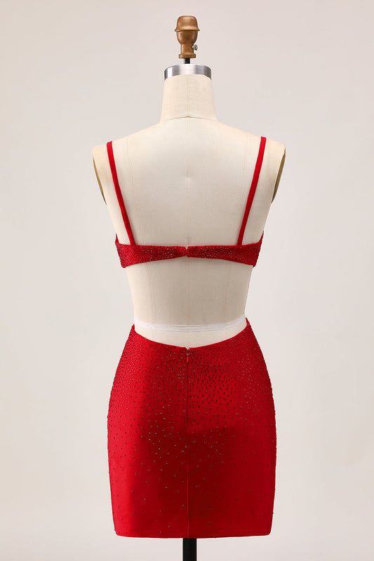 Chic Red Bodycon Beaded Cut Out Cocktail Dress