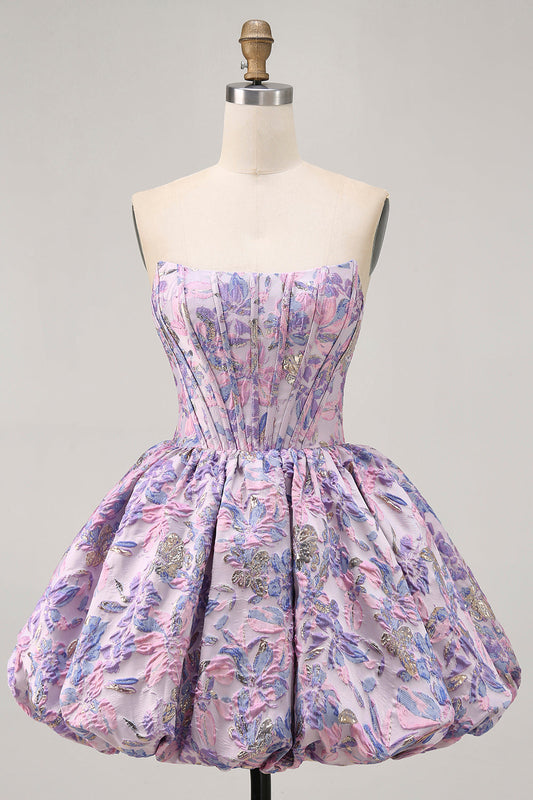 Purple Strapless Brocade A-Line Corset Mini Party Dress with Bubble-Hem