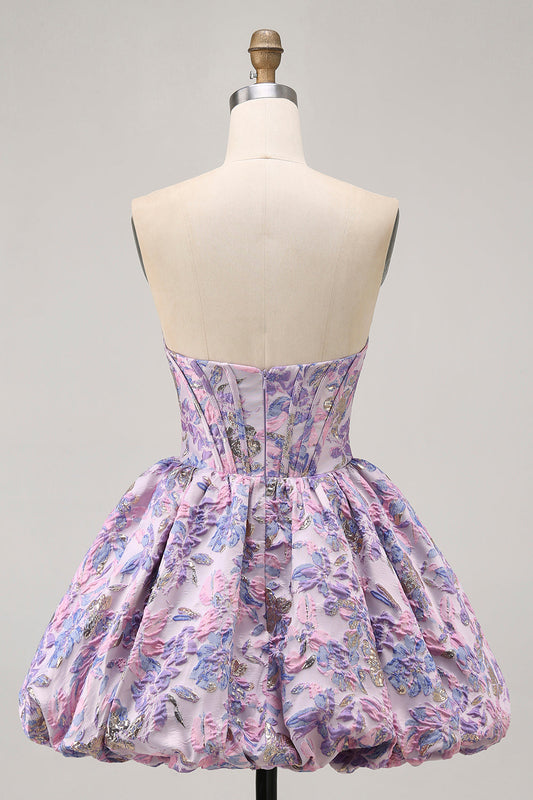 Purple Strapless Brocade A-Line Corset Mini Party Dress with Bubble-Hem