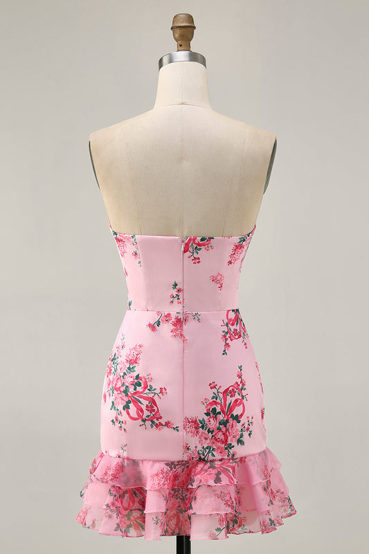 Pink Floral Bodycon Strapless Printed Short Party Dress with Ruffles