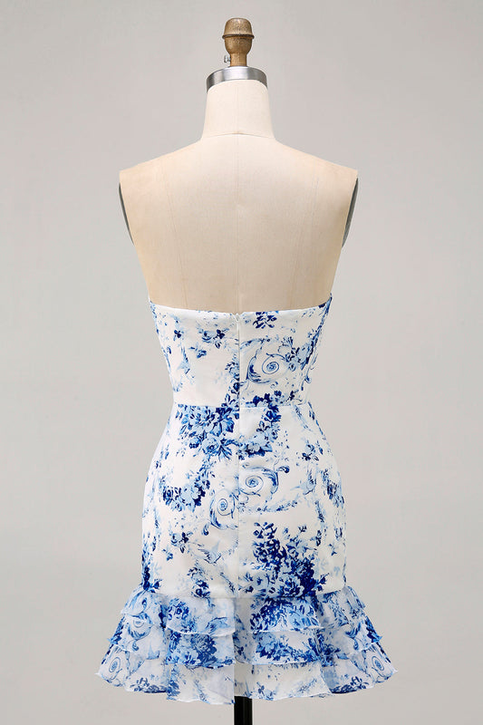 Vestido de fiesta corto estampado sin tirantes ajustado con flores blancas y azules