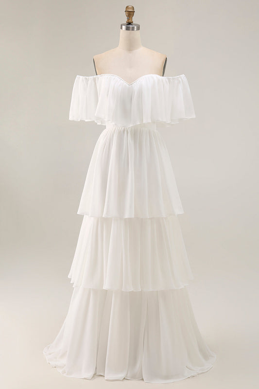 Robe de mariée trapèze en mousseline blanche avec volants et épaules dénudées