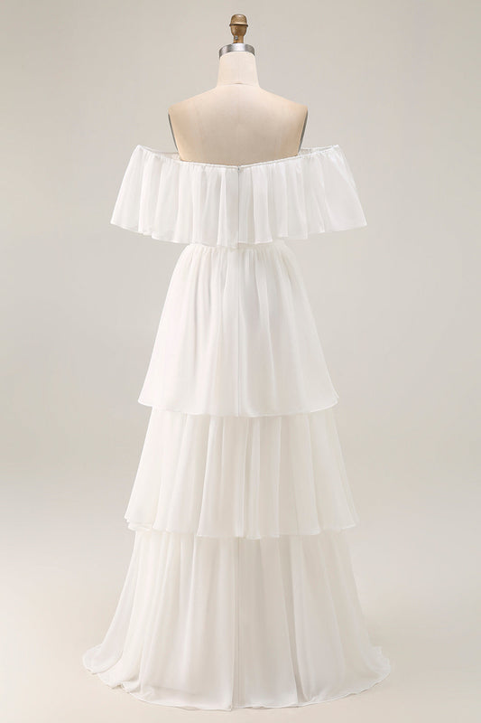 Robe de mariée trapèze en mousseline blanche avec volants et épaules dénudées