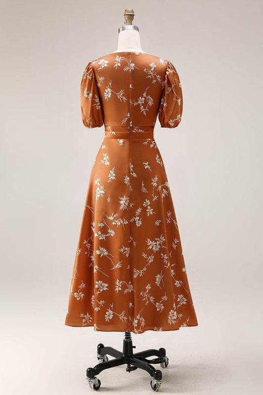 Orange Floral Printed A-Line Midi Wedding Guest Dress with Sleeves