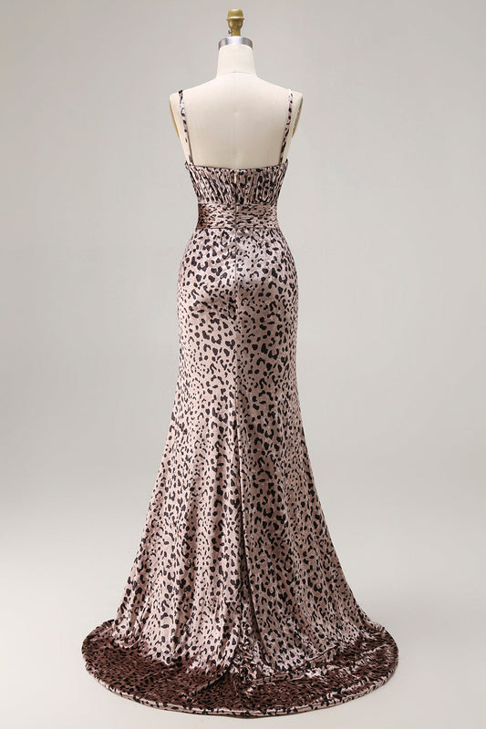 Robe de bal longue sirène à fines bretelles Golden Leopard avec fente