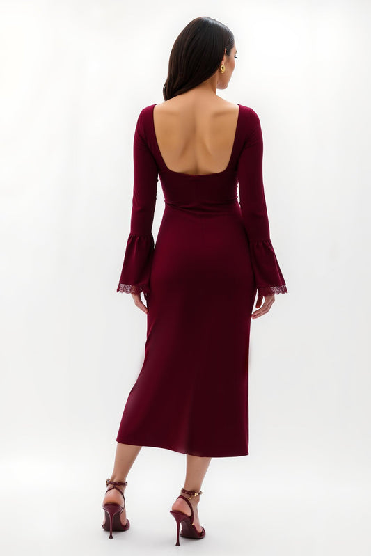 Burgundy Sheath Velvet Square Neck Long Holiday Party Dress With Appliqués