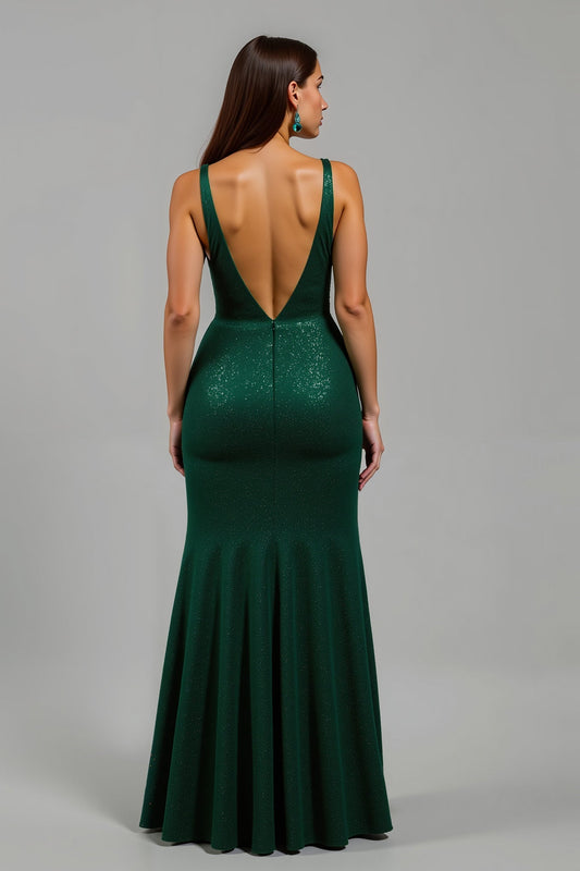 Robe de soirée longue sirène vert foncé scintillante avec col en V et fente