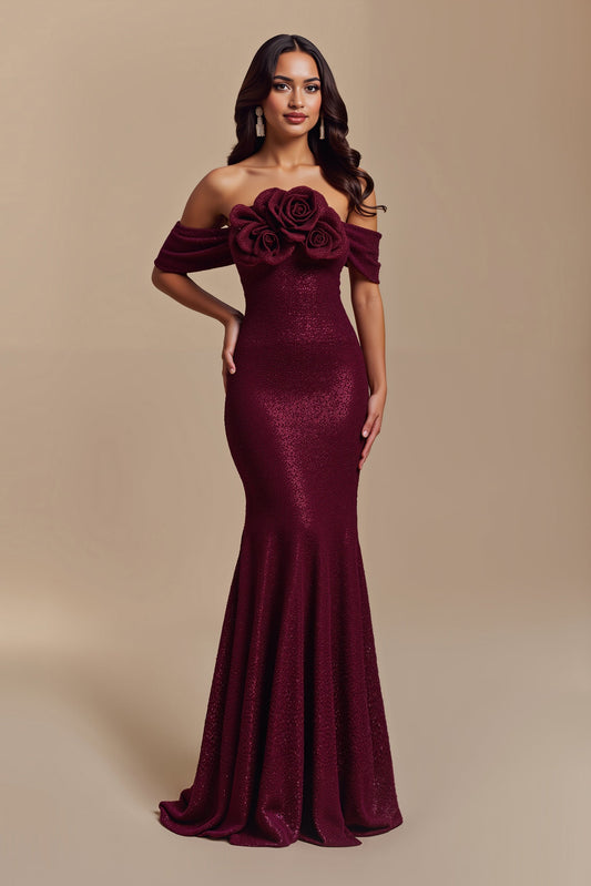 Robe longue de soirée de fête à paillettes lie de vin à motifs floraux et coupe sirène
