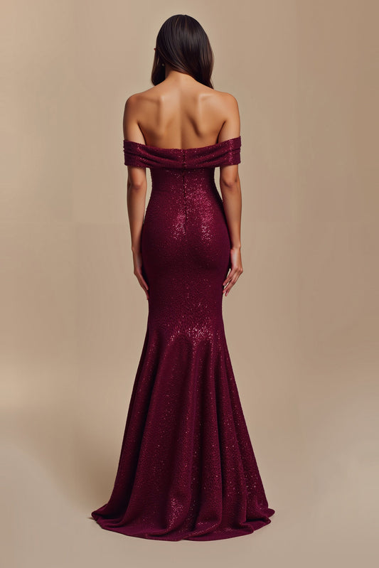 Robe longue de soirée de fête à paillettes lie de vin à motifs floraux et coupe sirène