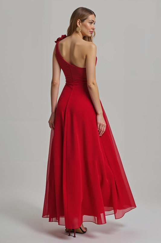Red Floral A-Line One-Shoulder Long Holiday Party Dress