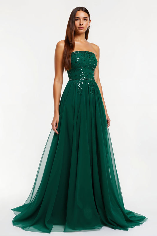 Robe de soirée longue trapèze vert foncé sans bretelles à sequins