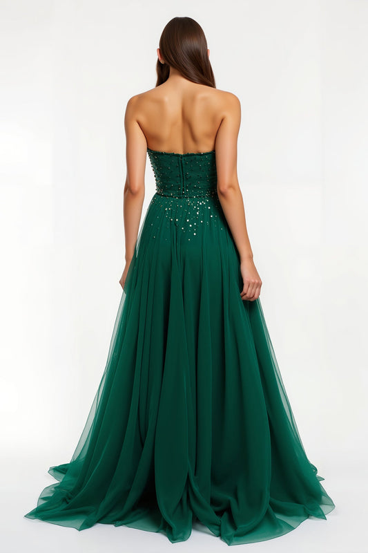 Robe de soirée longue trapèze vert foncé sans bretelles à sequins