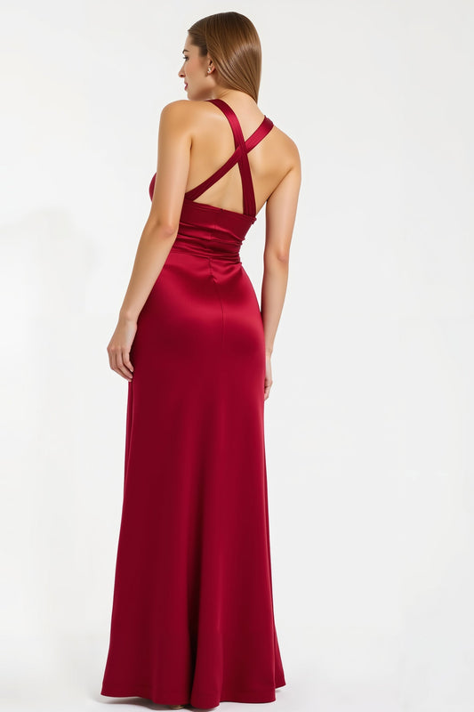 Burgundy V-Neck Sheath Long Holiday Dress with Slit