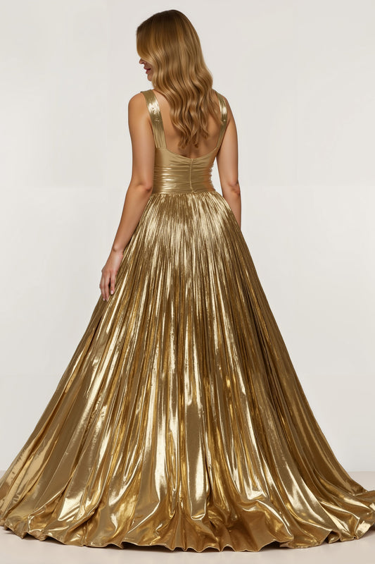 Golden Metallic Pleated A-Line Long Holiday Dress