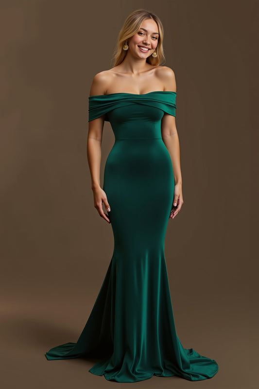 Robe de soirée longue sirène vert foncé à épaules dénudées