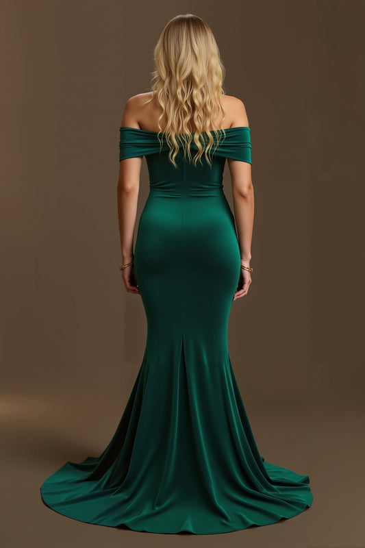 Robe de soirée longue sirène vert foncé à épaules dénudées