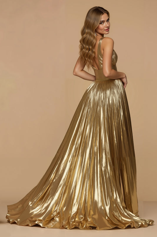 V-Neck Gold Metallic Pleated A-Line Holiday Dress