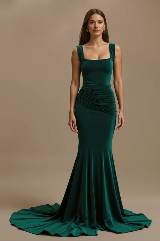 Robe longue de soirée sirène vert foncé à col carré