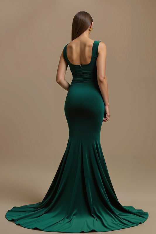 Robe longue de soirée sirène vert foncé à col carré