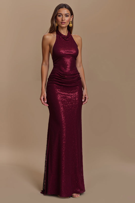 Vaina vestido largo burdeos de lentejuelas con cuello halter para las fiestas