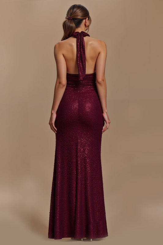 Vaina vestido largo burdeos de lentejuelas con cuello halter para las fiestas