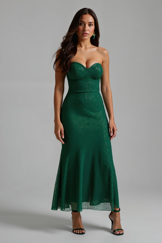 Robe longue de soirée vert foncé scintillante sans bretelles