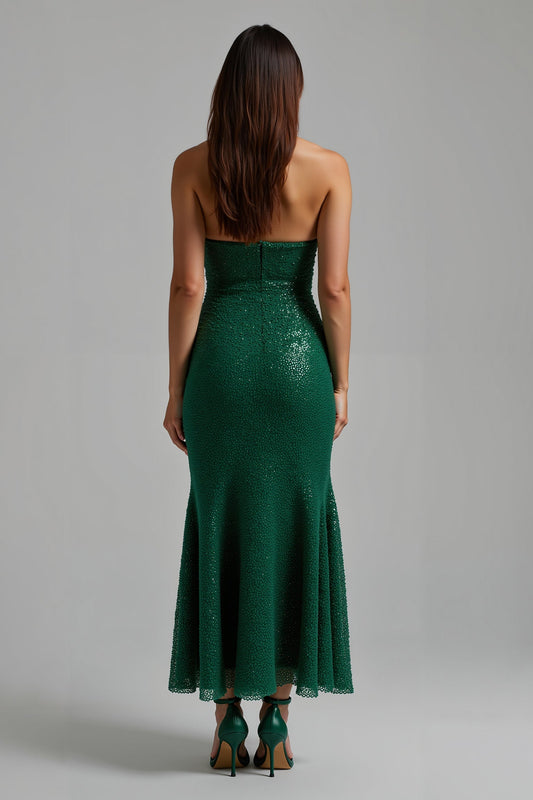 Robe longue de soirée vert foncé scintillante sans bretelles