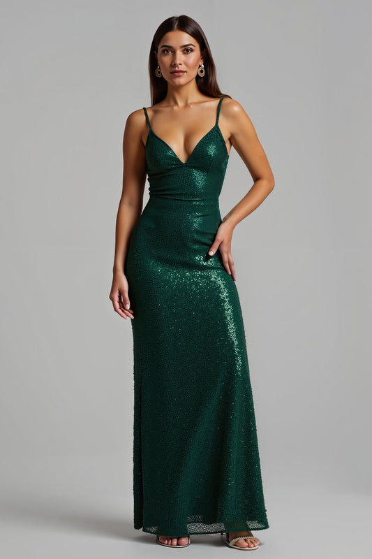 Robe de soirée longue fourreau vert foncé pailleté avec fente