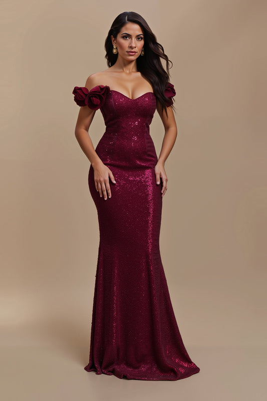 Burgundy Sequin Mermaid Off-The-Shoulder Holiday Dress