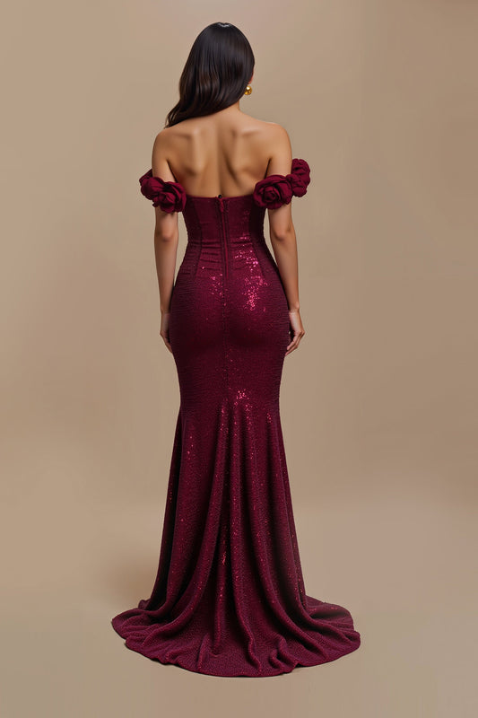 Burgundy Sequin Mermaid Off-The-Shoulder Holiday Dress
