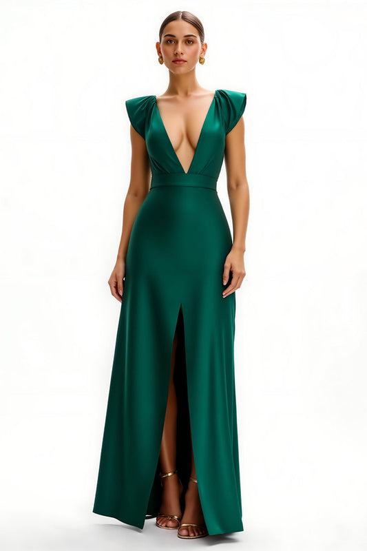 Robe fourreau de soirée en satin vert foncé avec décolleté en V profond