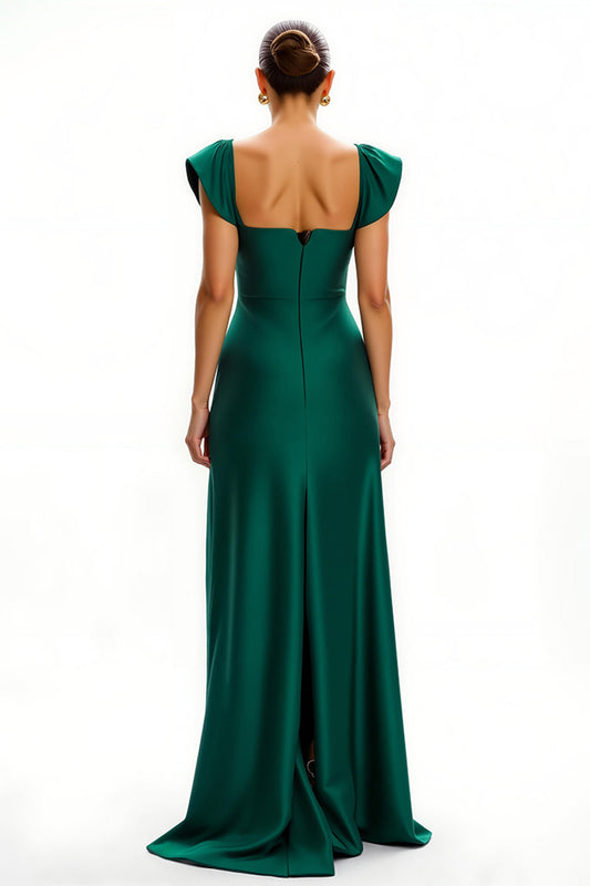 Robe fourreau de soirée en satin vert foncé avec décolleté en V profond