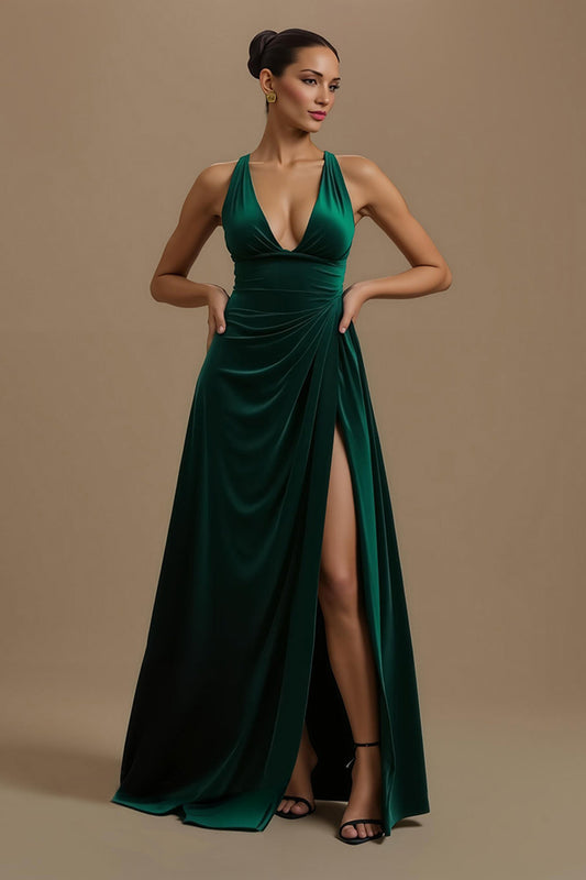 Robe de soirée trapèze en velours vert foncé à col en V