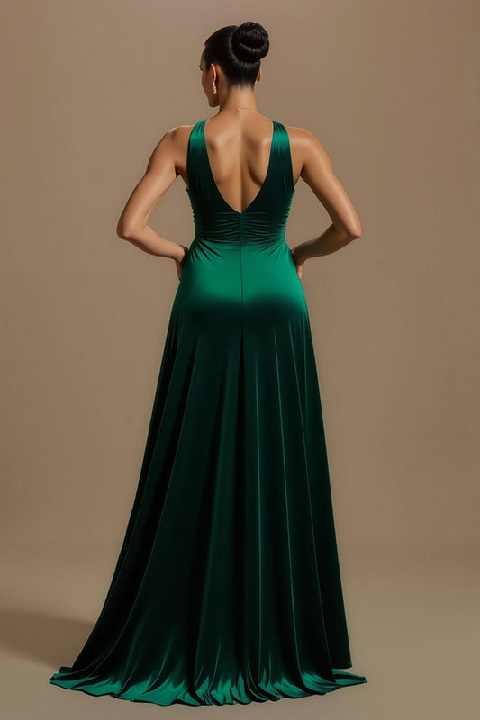 Robe de soirée trapèze en velours vert foncé à col en V