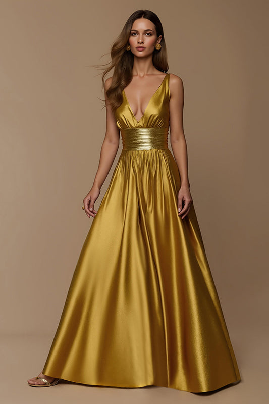 Golden Metallic Satin Deep V-Neck A-Line Holiday Dress