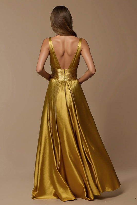 Golden Metallic Satin Deep V-Neck A-Line Holiday Dress