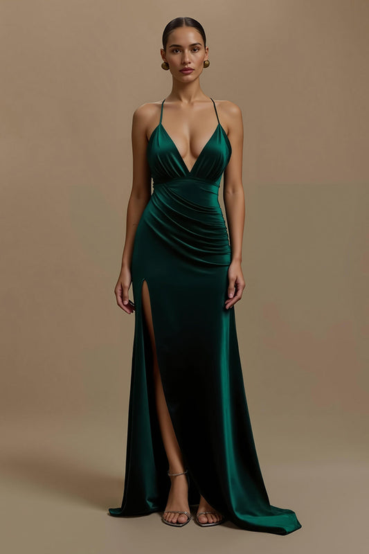 Robe de soirée velours vert foncé fourreau décolleté en V