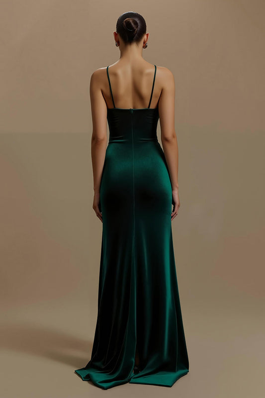 Robe de soirée velours vert foncé fourreau décolleté en V