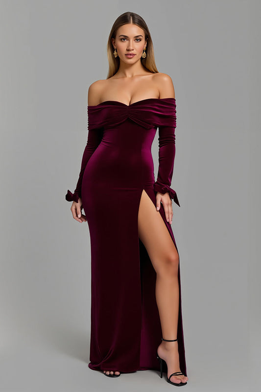Burgundy Long-Sleeve Off-the-Shoulder Holiday Party Dress With Slit