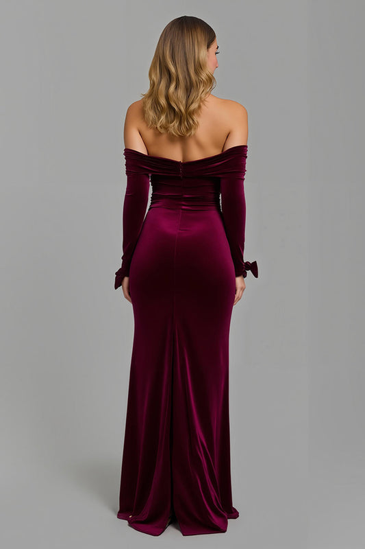 Burgundy Long-Sleeve Off-the-Shoulder Holiday Party Dress With Slit