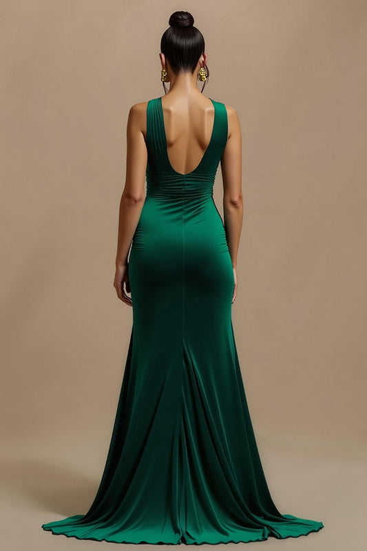 Robe de soirée vert foncé à manches longues, col en V et fente latérale