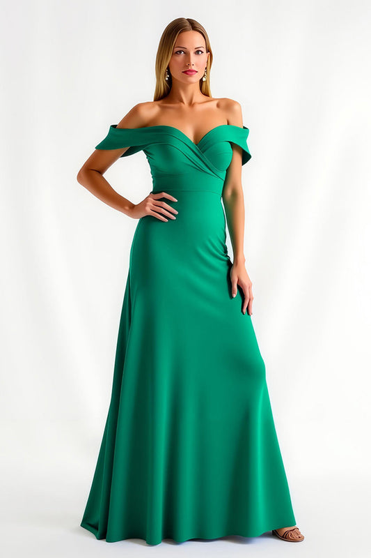 Robe de soirée longue vert foncé froncée à épaules dénudées