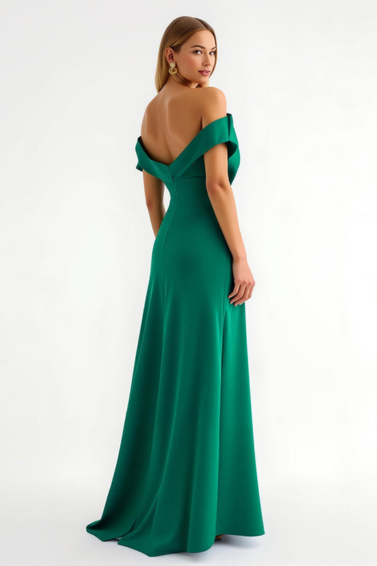 Robe de soirée longue vert foncé froncée à épaules dénudées