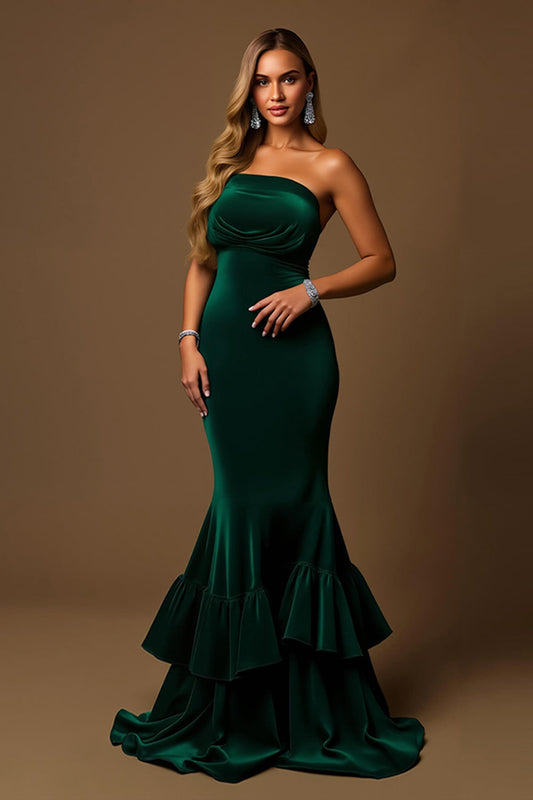 Robe longue de soirée vert foncé, sirène, à volants et sans bretelles