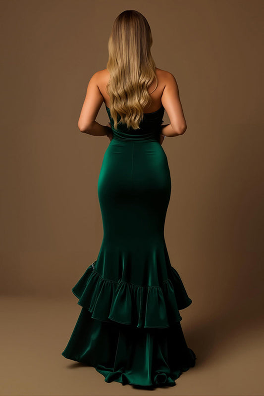 Robe longue de soirée vert foncé, sirène, à volants et sans bretelles