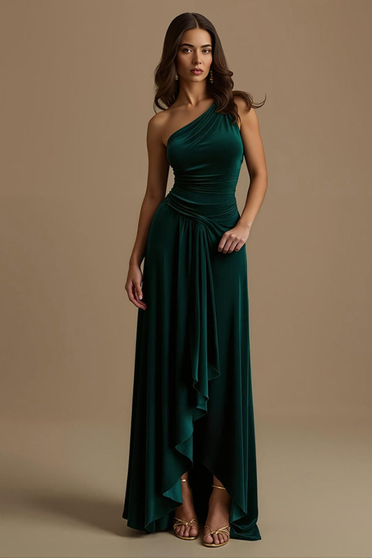 Robe de soirée asymétrique vert foncé à volants, coupe courte devant et longue derrière
